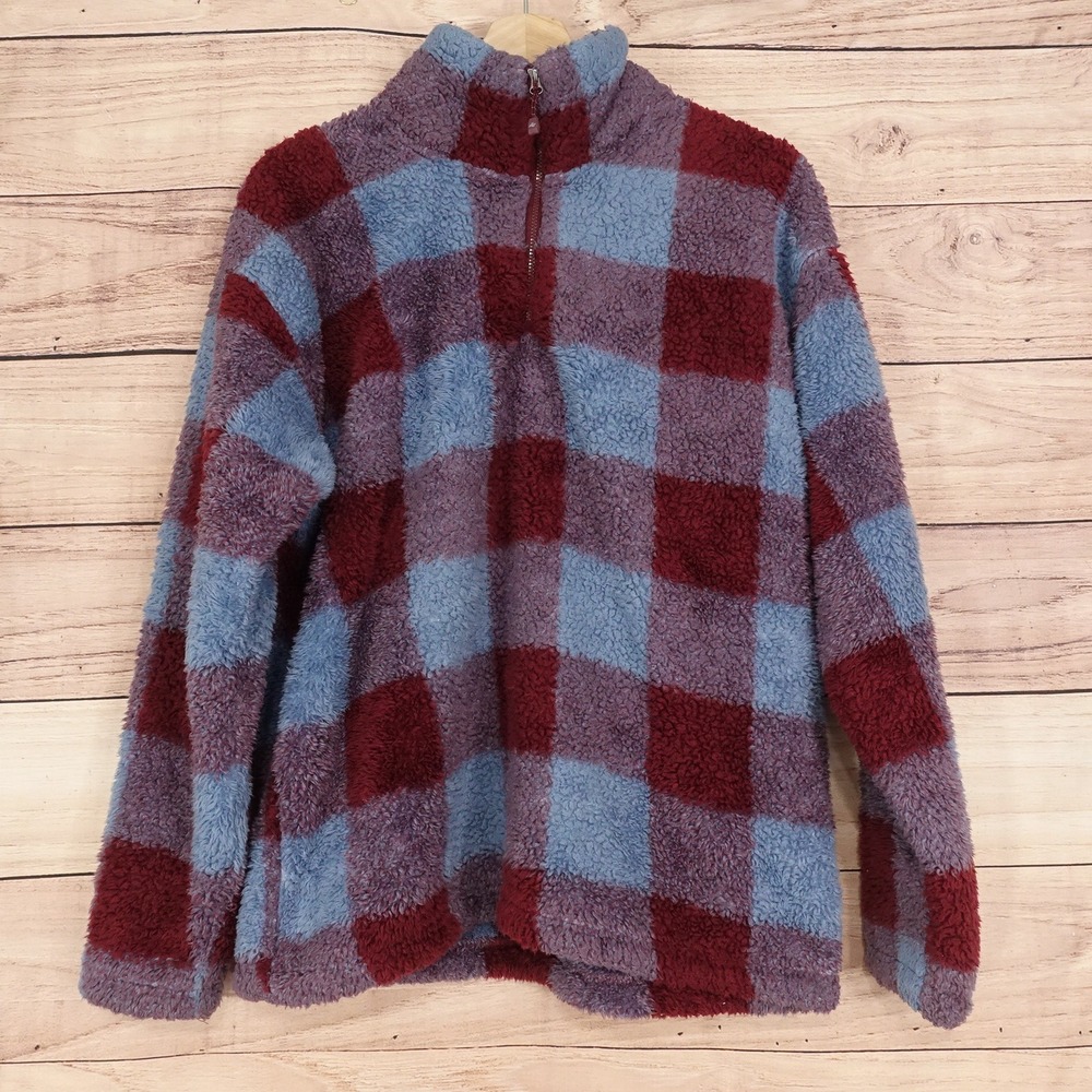 Eddie Bauer Fleece Pullover Women L Blue Red Plaid Sherpa Quarter Zip